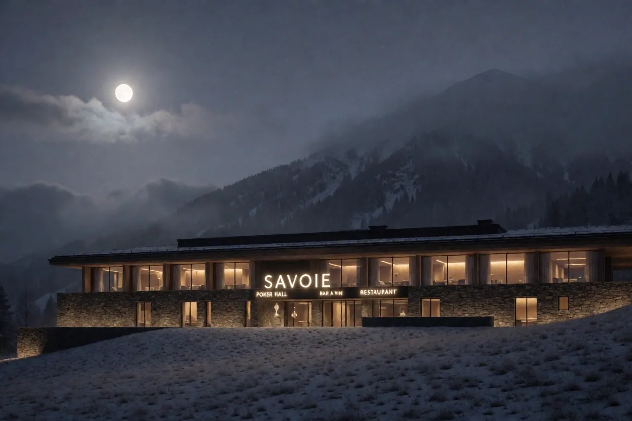 Façade nocturne de l'établissement Royalnes à Méry